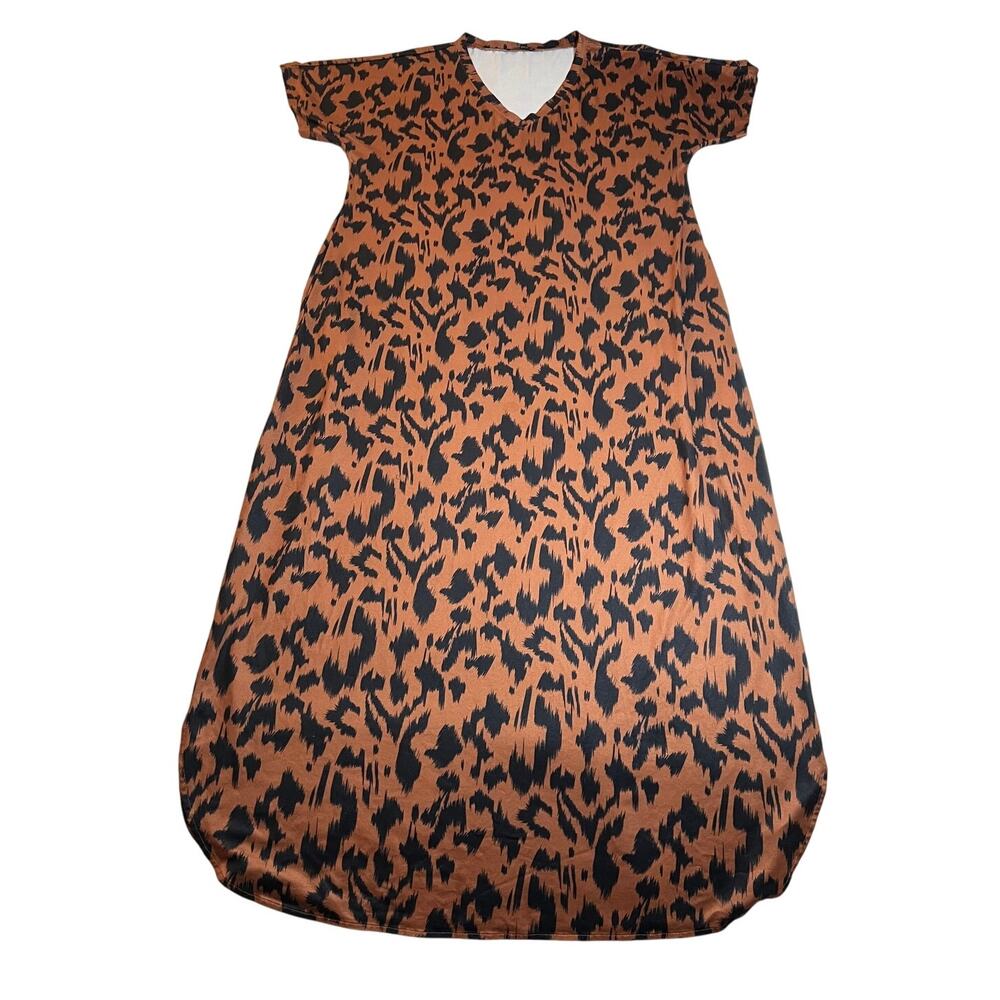 Huskary V-Neck Leopard Print Maxi T-Shirt Dress Size XXL Casual Lightweight